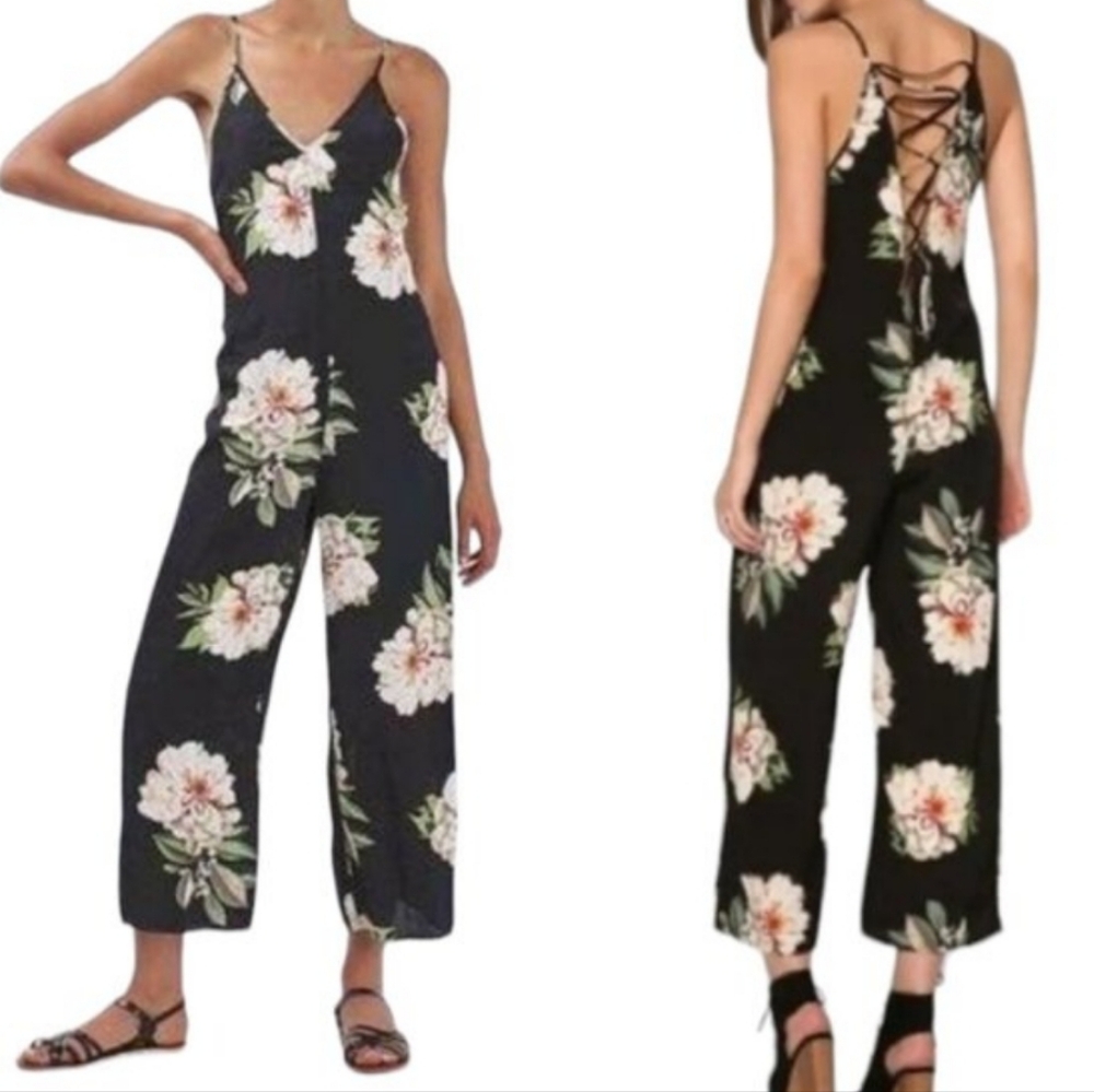 Topshop Black Floral Tropical Resortwear Strappy Jumpsuit